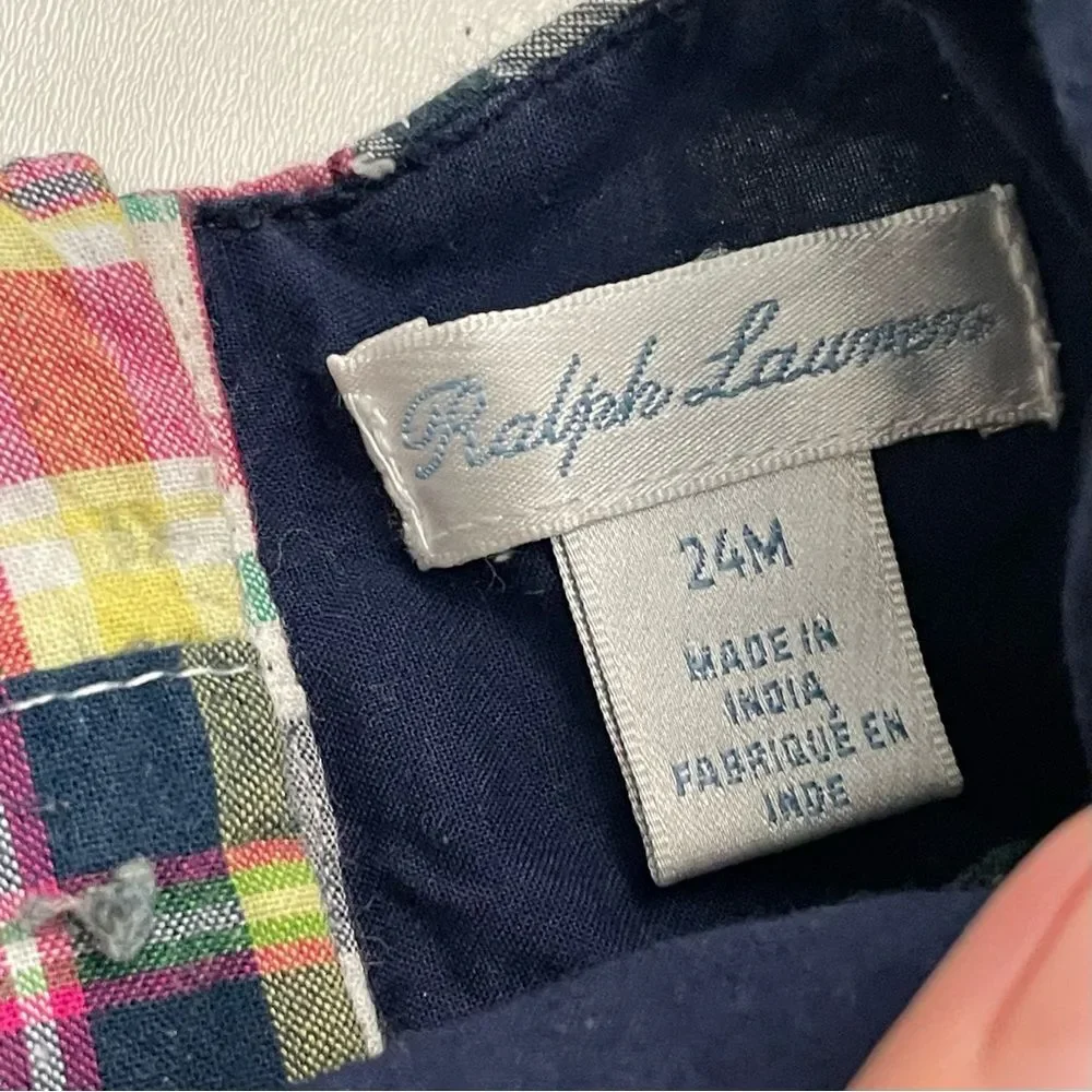 Ralph Lauren Dress Madras Plaid Ruffle Lined Cotton Sleeveless Blue Pink Green